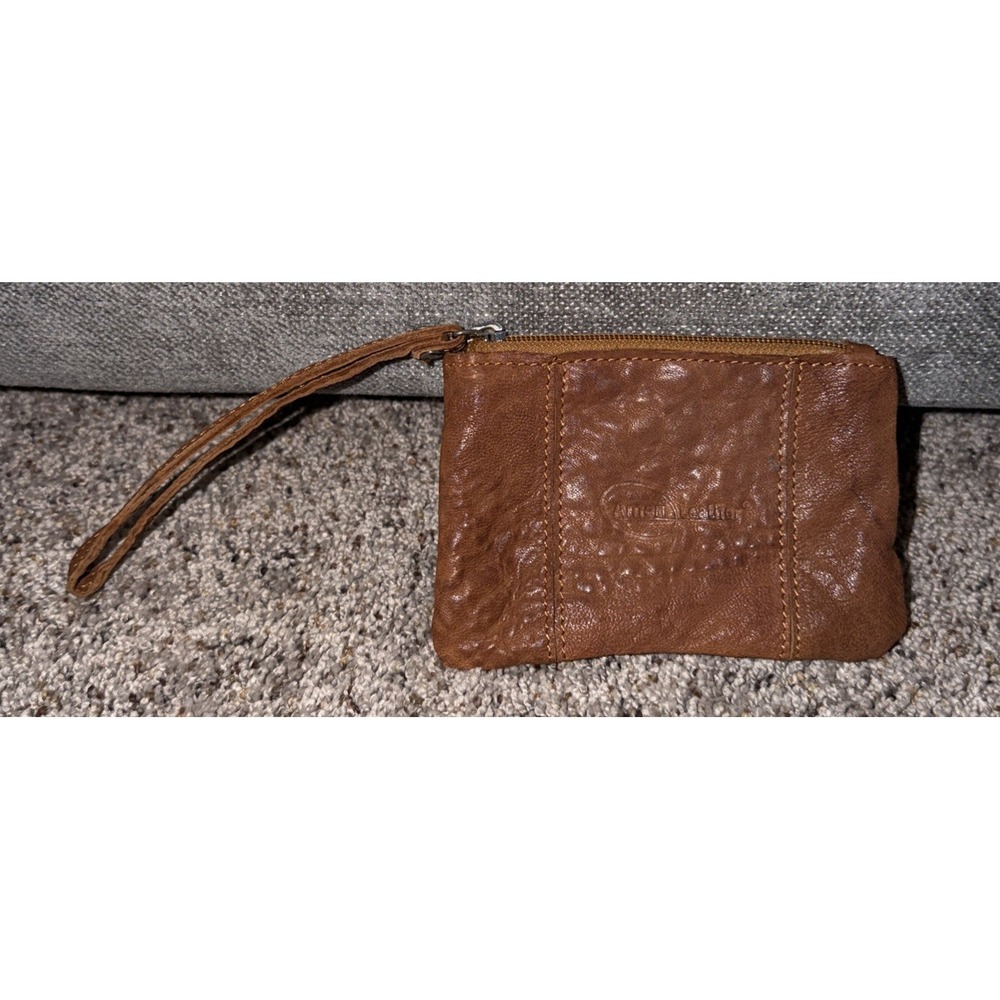 Ameri Leather Wristlet Brown Zip Closure Coin Purse Pouch Travel Wallet 6x4